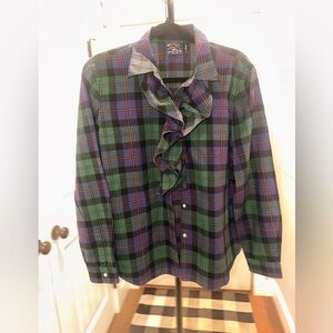 Vintage American Living Size Large Ruffled Plaid Button-Up Shirt - Green/Blue